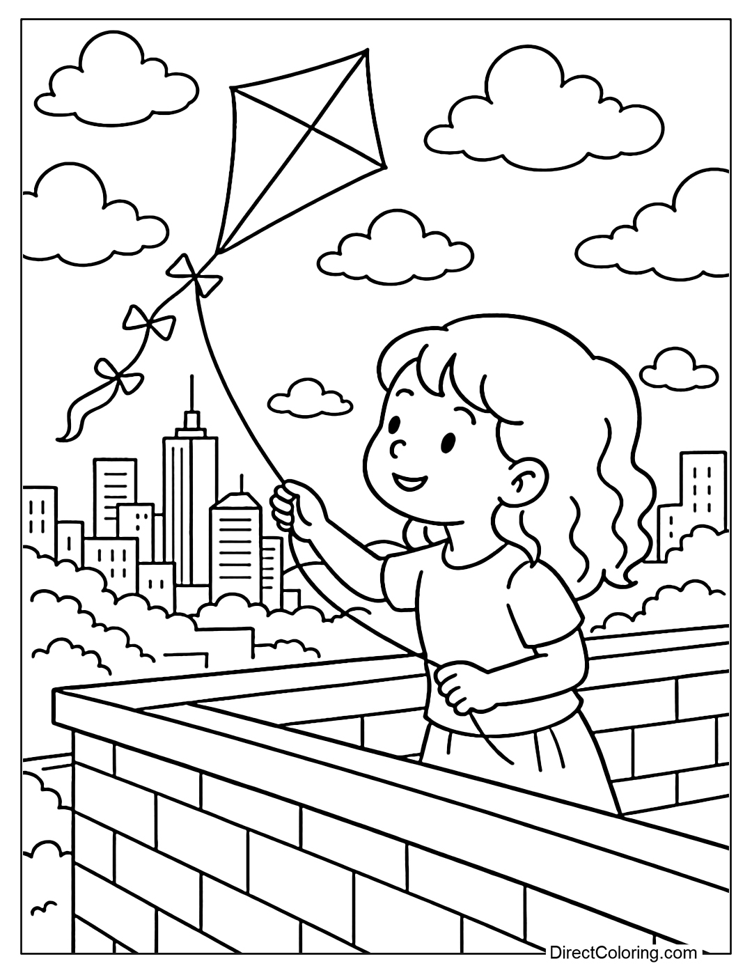 a girl flying kite coloring page from the rooftop, city view in the distance